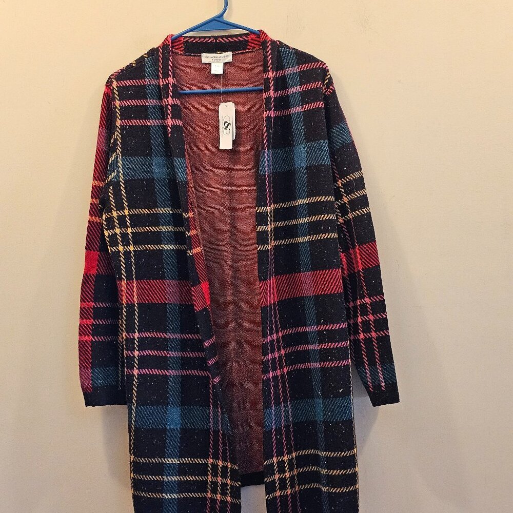 NWT Women's Christopher and Banks Petite‎ Open Front Cardigan Sweater Plaid P/XL